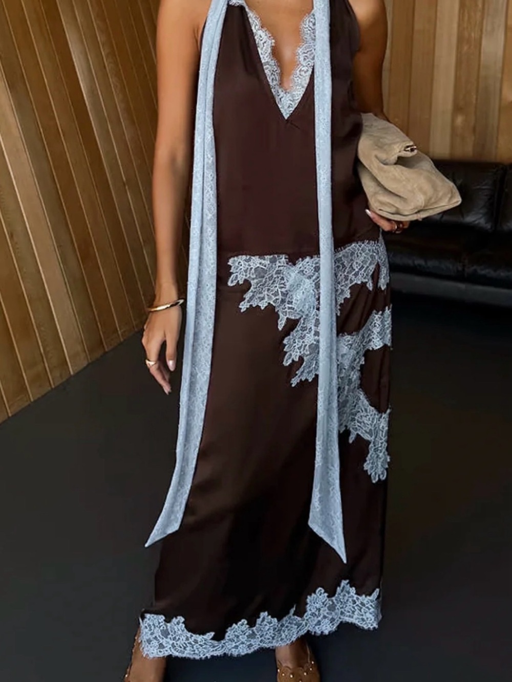 Brown Lace-Trim Satin Top with Light Blue Accents